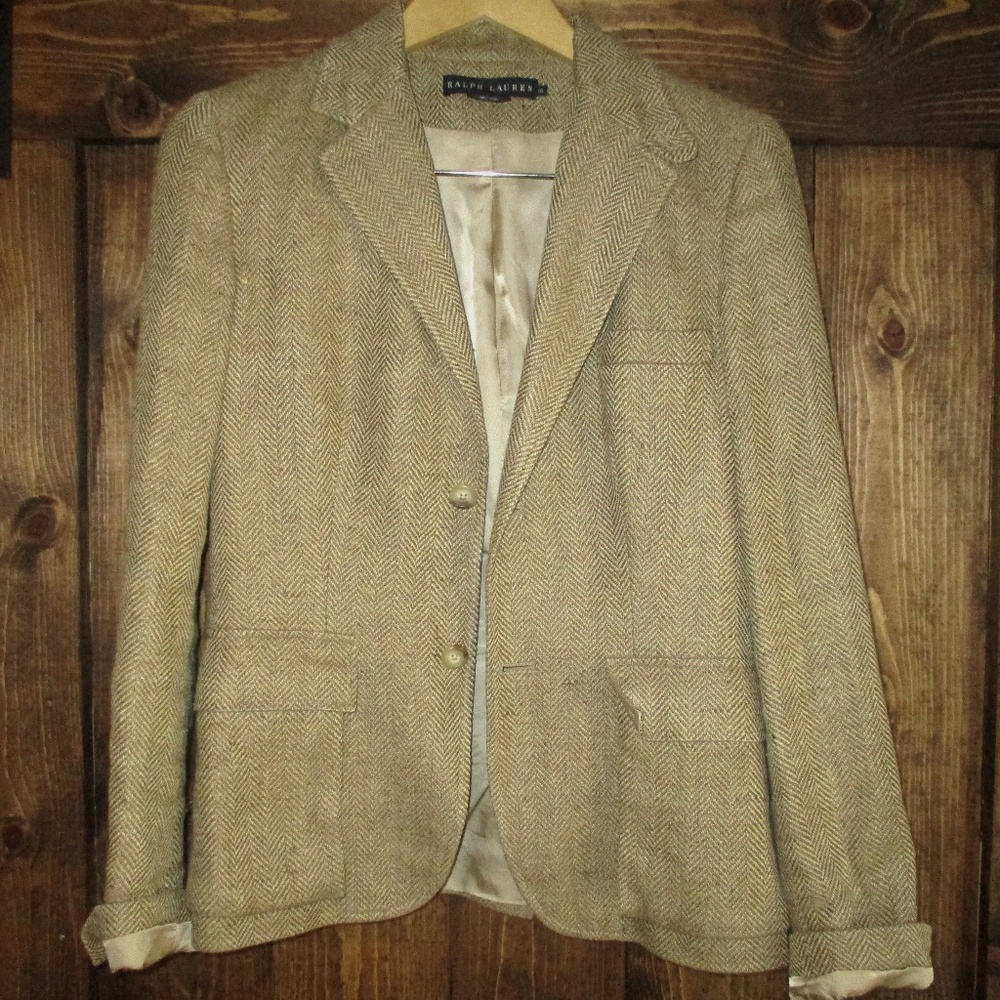 Ralph Lauren Blue Label Single Treated Linen Blend Herringbone Blazer